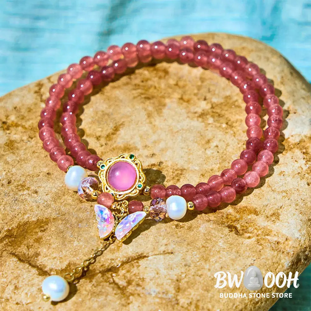 Buddha Stones Natural Strawberry Quartz Pearl Butterfly Water Drop Positive Double Wrap Bracelet - BWOOOH - Bracelet