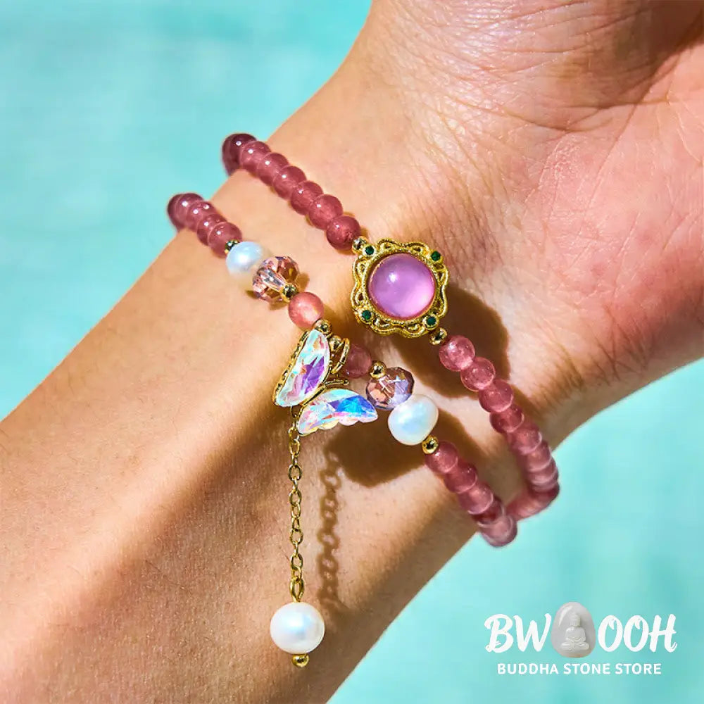 Buddha Stones Natural Strawberry Quartz Pearl Butterfly Water Drop Positive Double Wrap Bracelet - BWOOOH - Bracelet