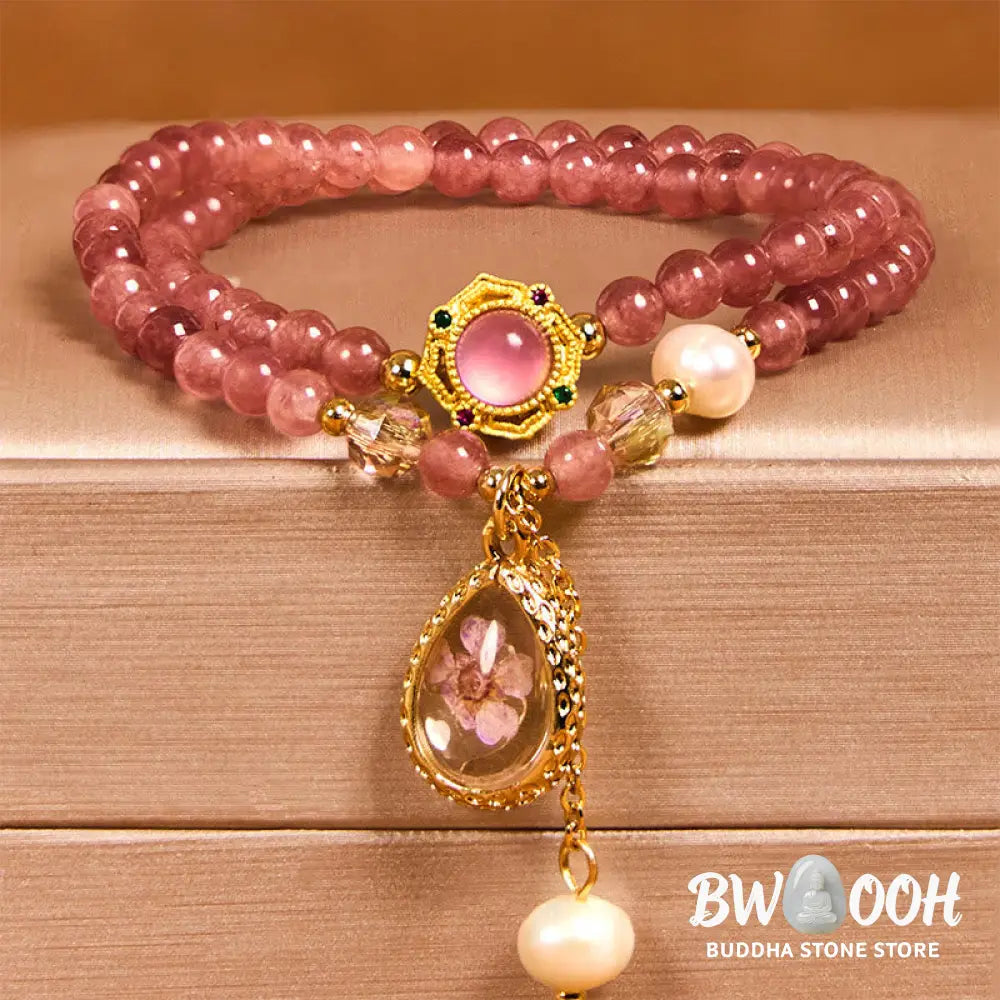 Buddha Stones Natural Strawberry Quartz Pearl Butterfly Water Drop Positive Double Wrap Bracelet - BWOOOH - Bracelet