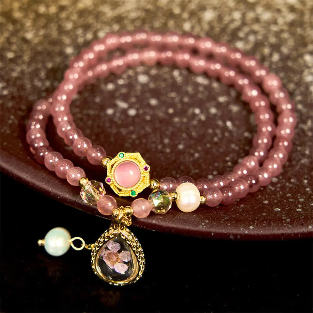 Buddha Stones Natural Strawberry Quartz Pearl Butterfly Water Drop Positive Double Wrap Bracelet - BWOOOH - Strawberry