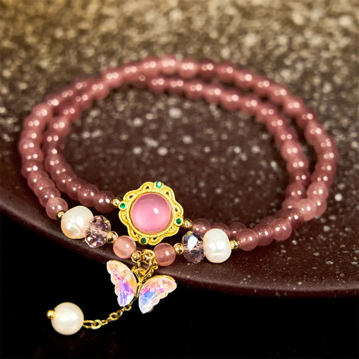 BWOOOH Natural Strawberry Quartz Pearl Butterfly Water Drop Positive Double Wrap Bracelet — Strawberry Quartz crystal heal...