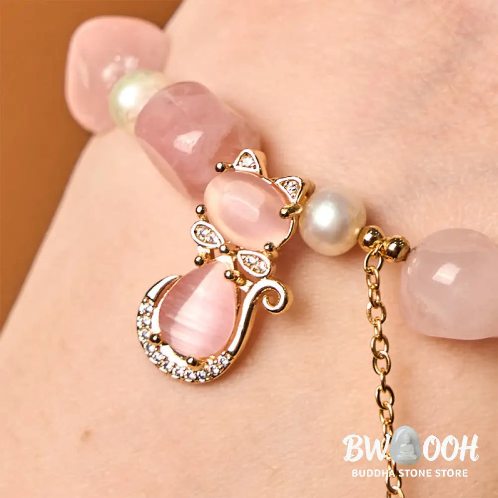 Buddha Stones Natural Strawberry Quartz Pearl Cat Positive Bracelet - BWOOOH - Strawberry Quartz&amp;Pearl(Wrist