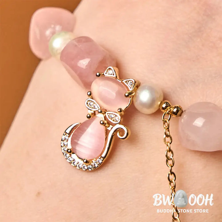 Buddha Stones Natural Strawberry Quartz Pearl Cat Positive Bracelet - BWOOOH - Strawberry Quartz&amp;Pearl(Wrist