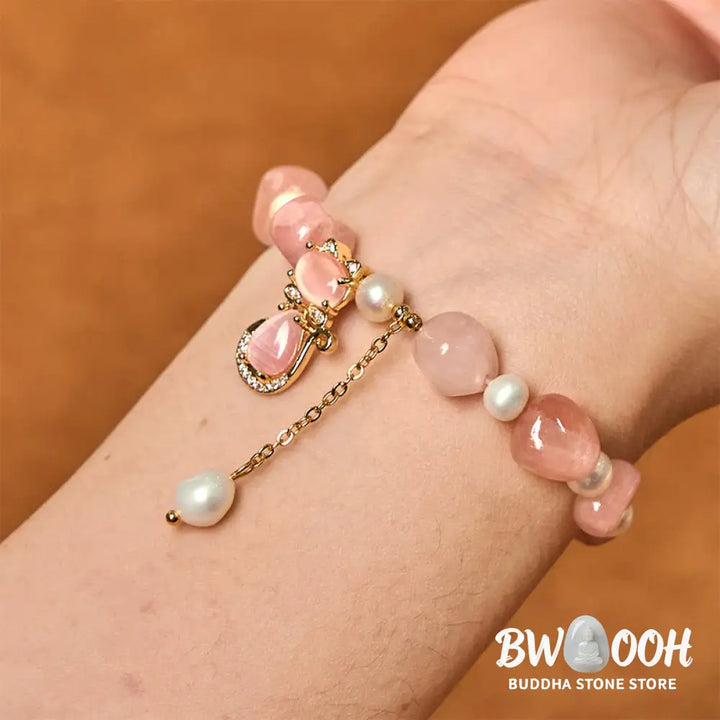Buddha Stones Natural Strawberry Quartz Pearl Cat Positive Bracelet - BWOOOH - Strawberry Quartz&amp;Pearl(Wrist