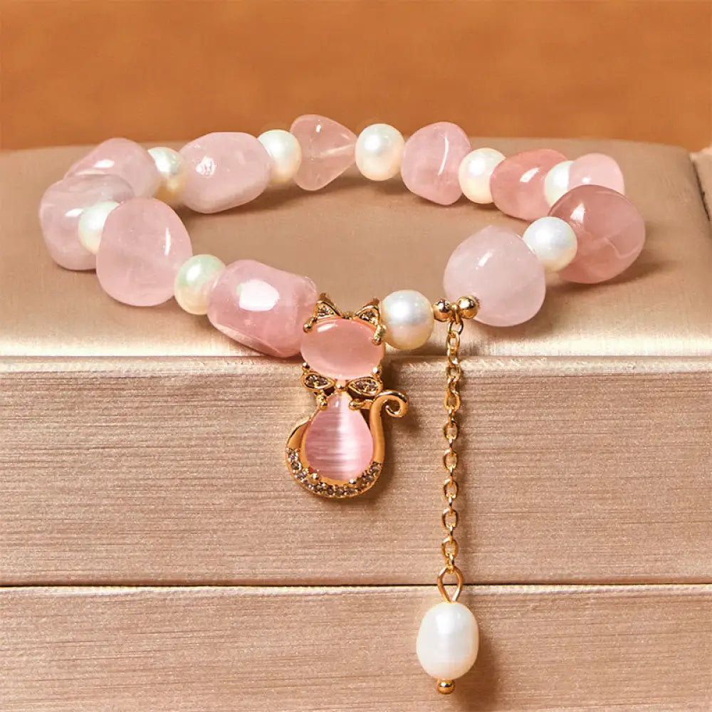 BWOOOH Natural Strawberry Quartz Pearl Cat Positive Bracelet — Strawberry Quartz crystal healing bracelet for spiritual he...