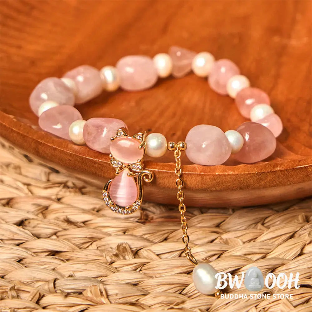 Buddha Stones Natural Strawberry Quartz Pearl Cat Positive Bracelet - BWOOOH - Strawberry Quartz&Pearl(Wrist
