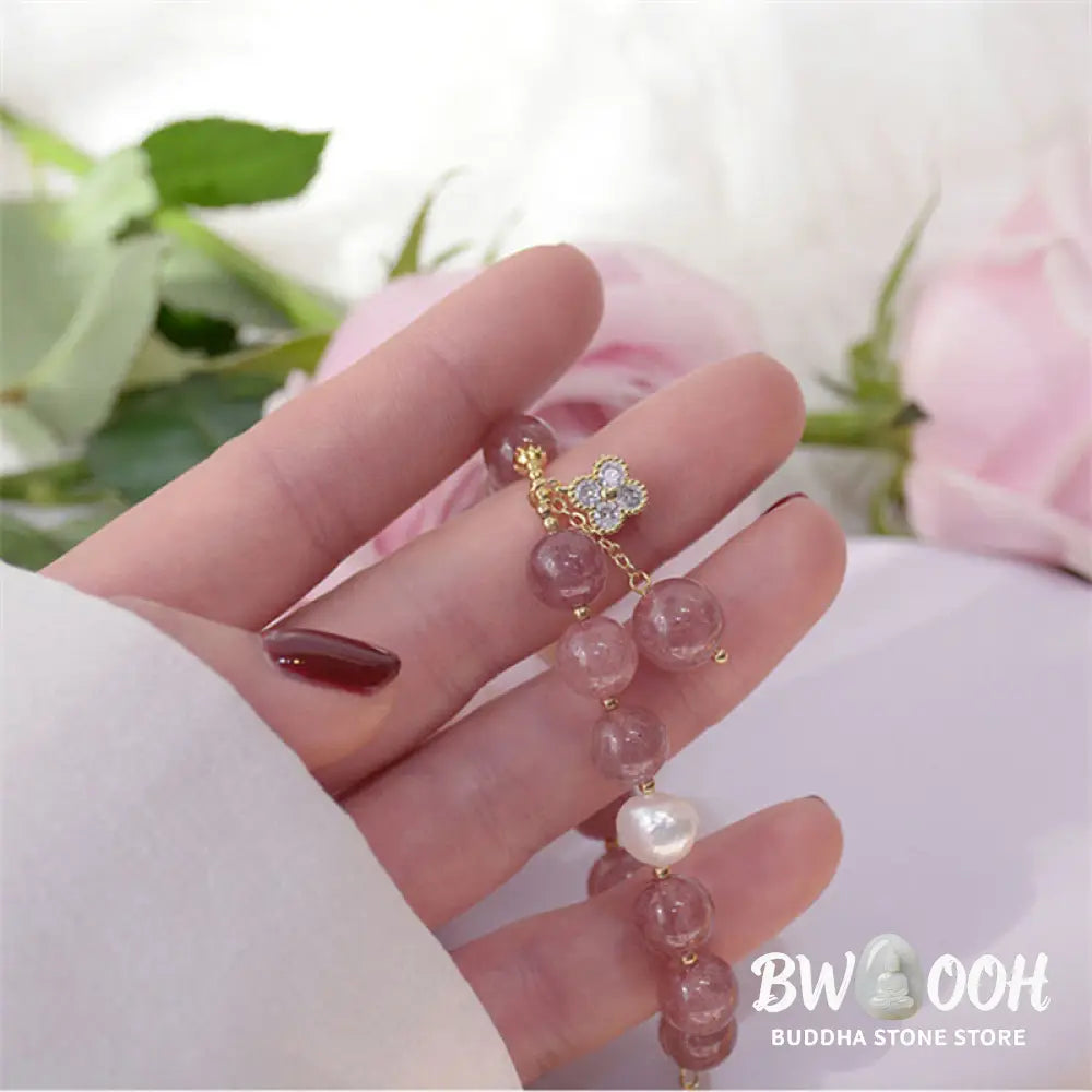 BWOOOH Natural Strawberry Quartz Pearl Four Leaf Clover Love Bracelet - Strawberry Quartz(Love♥Healing)