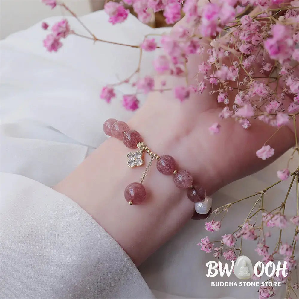 BWOOOH Natural Strawberry Quartz Pearl Four Leaf Clover Love Bracelet - Strawberry Quartz(Love♥Healing)