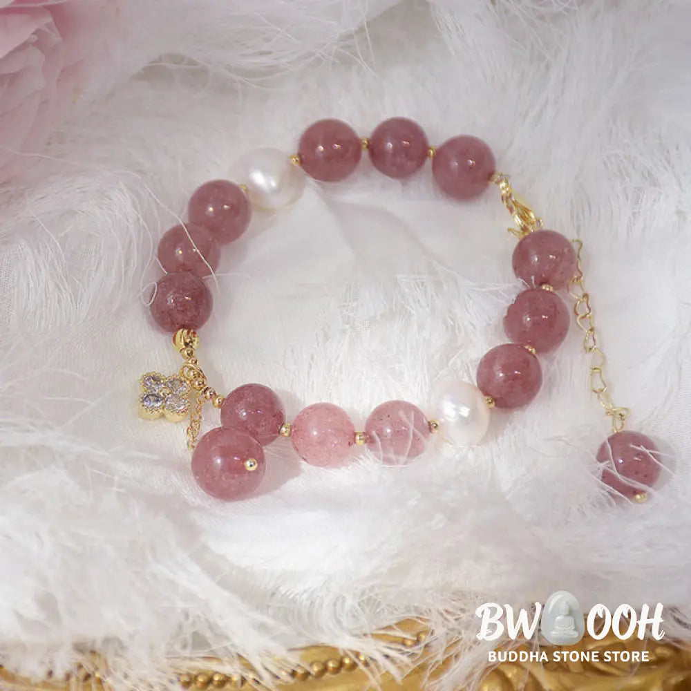 BWOOOH Natural Strawberry Quartz Pearl Four Leaf Clover Love Bracelet - Strawberry Quartz(Love♥Healing)