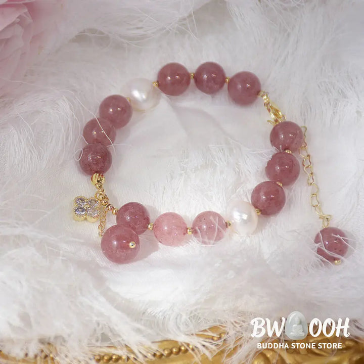 BWOOOH Natural Strawberry Quartz Pearl Four Leaf Clover Love Bracelet - Strawberry Quartz(Love♥Healing)