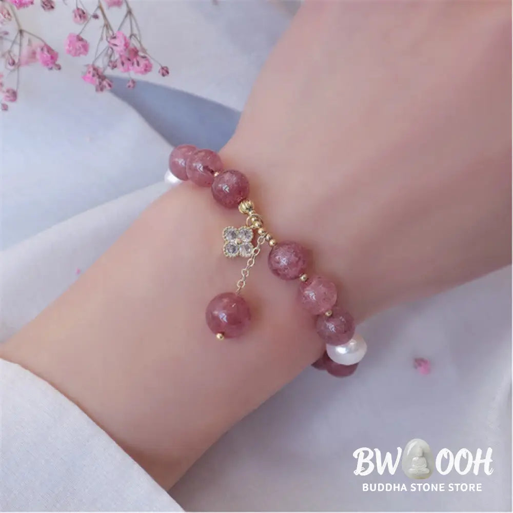 BWOOOH Natural Strawberry Quartz Pearl Four Leaf Clover Love Bracelet - Strawberry Quartz(Love♥Healing)