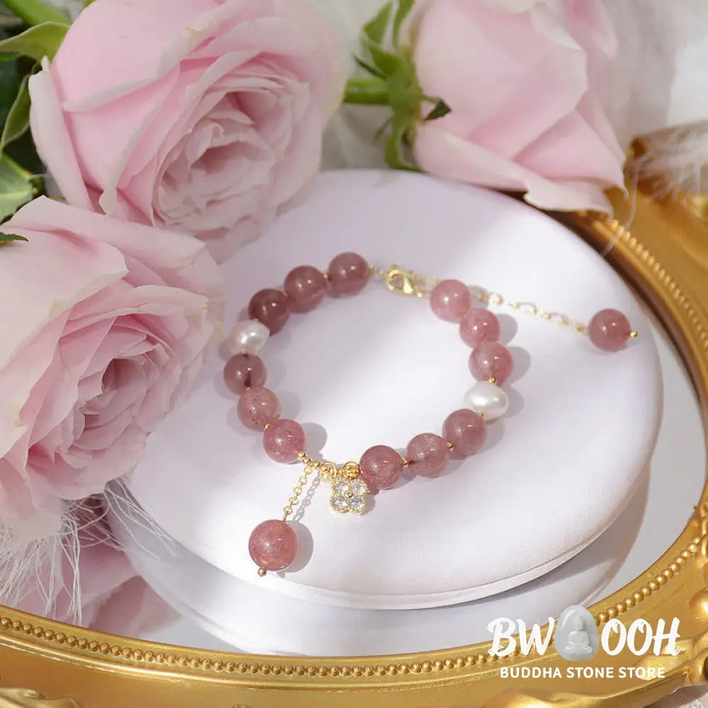 BWOOOH Natural Strawberry Quartz Pearl Four Leaf Clover Love Bracelet - Strawberry Quartz(Love♥Healing)