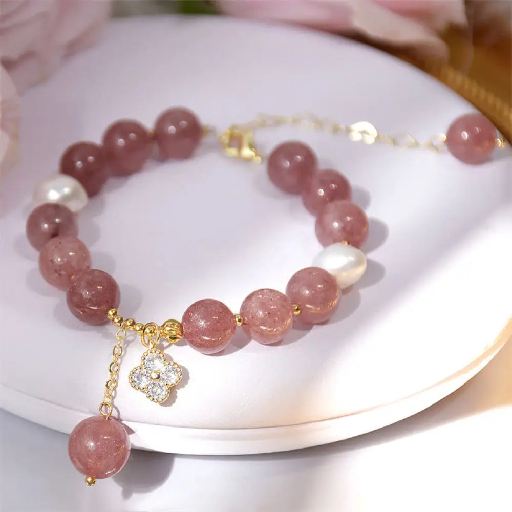 BWOOOH Natural Strawberry Quartz Pearl Four Leaf Clover Love Bracelet - Strawberry Quartz(Love♥Healing)