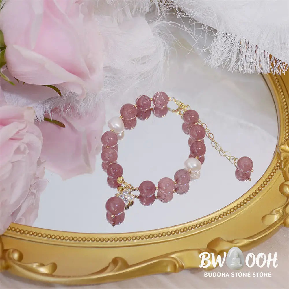 BWOOOH Natural Strawberry Quartz Pearl Four Leaf Clover Love Bracelet - Strawberry Quartz(Love♥Healing)