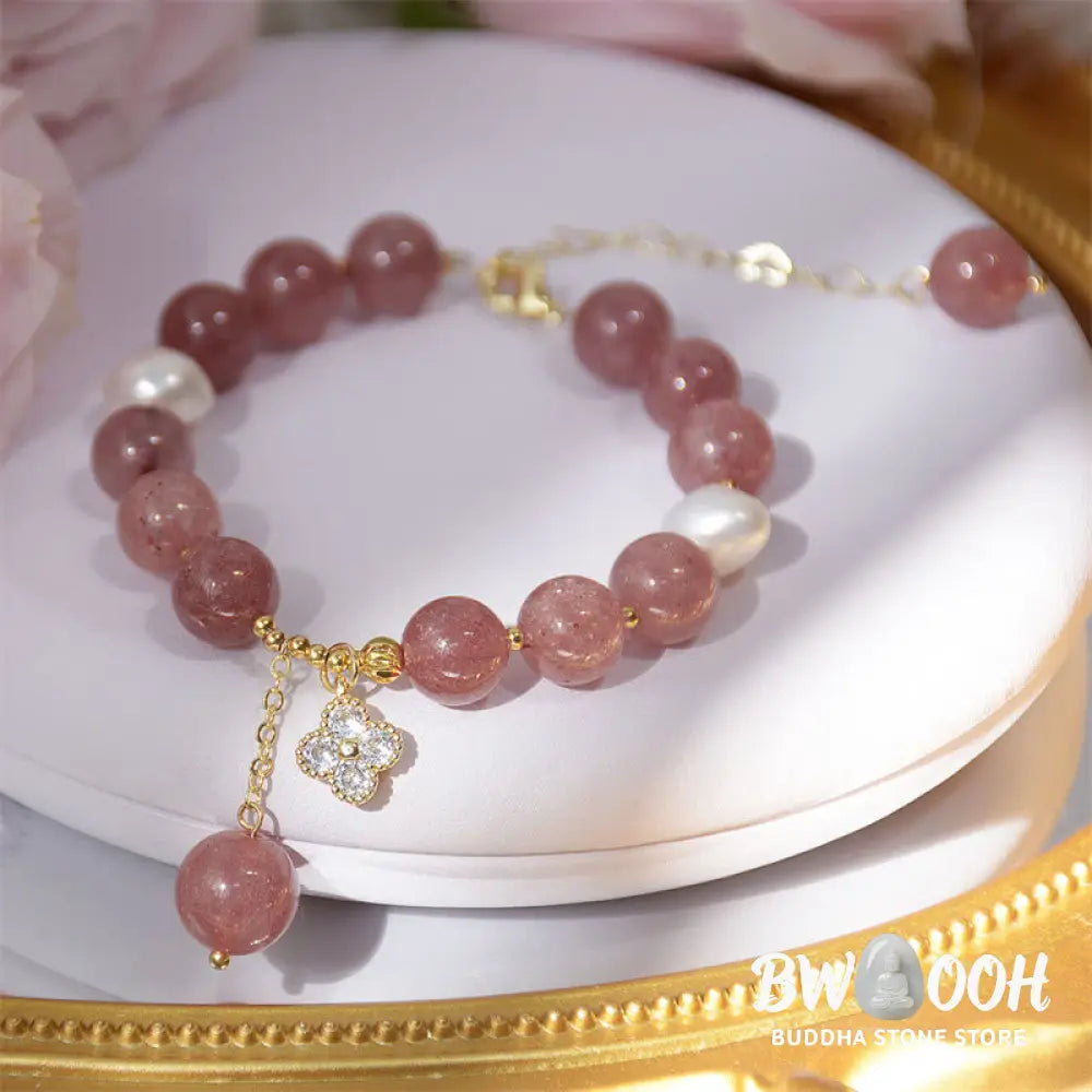 BWOOOH Natural Strawberry Quartz Pearl Four Leaf Clover Love Bracelet - Strawberry Quartz(Love♥Healing)