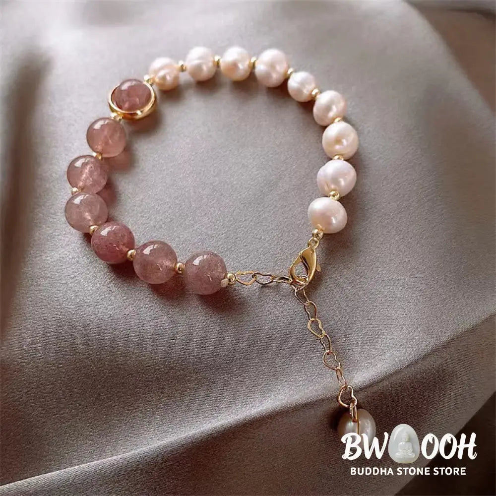 BWOOOH Natural Strawberry Quartz Pearl Love Positive Chain Bracelet - Strawberry Quartz&amp;Pearl - Bracelet