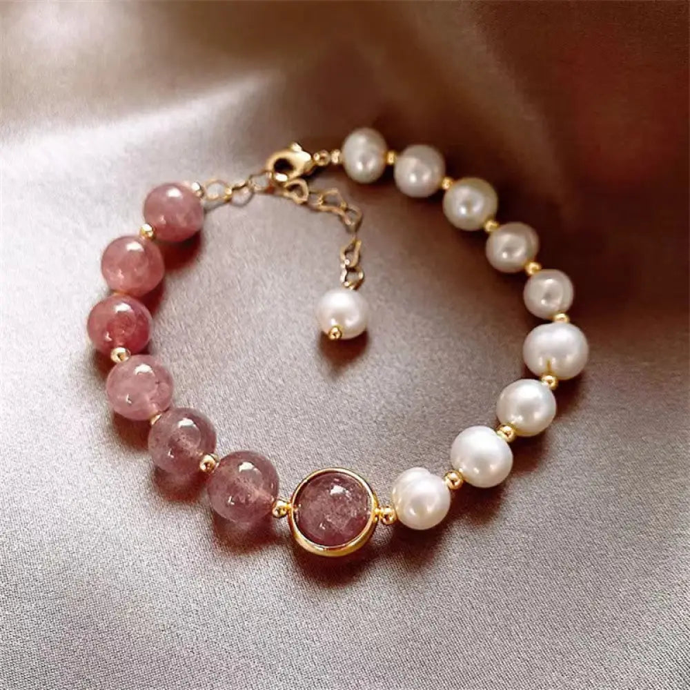 BWOOOH Natural Strawberry Quartz Pearl Love Positive Chain Bracelet - Strawberry Quartz&Pearl - Bracelet
