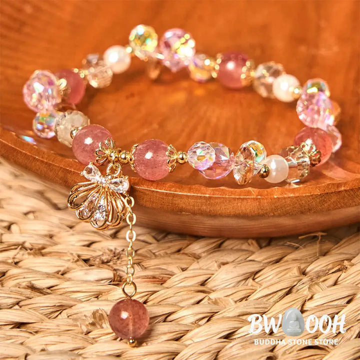 Buddha Stones Natural Strawberry Quartz Pearl Shell Positive Bracelet - BWOOOH - Bracelet