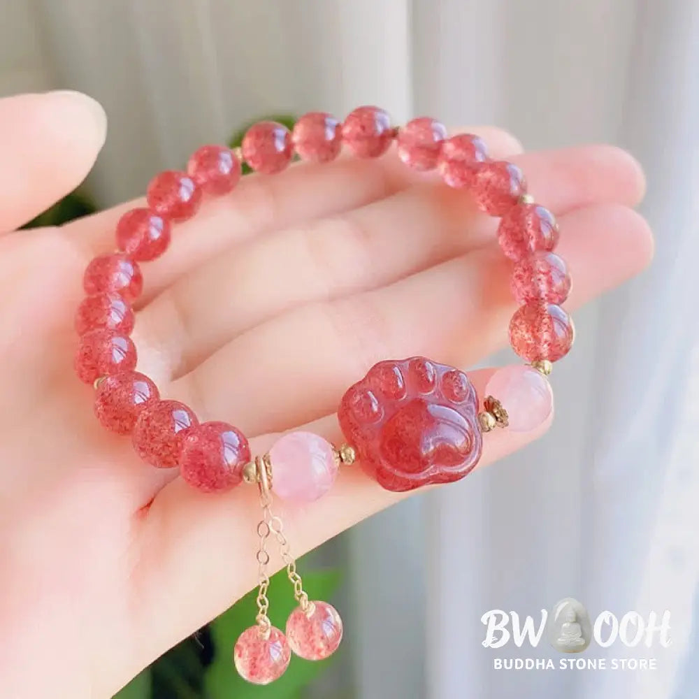 BWOOOH Natural Strawberry Quartz Pink Crystal Lucky Cat Paw Love Bracelet - Strawberry Quartz - Bracelet