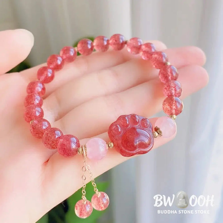 BWOOOH Natural Strawberry Quartz Pink Crystal Lucky Cat Paw Love Bracelet - Strawberry Quartz - Bracelet