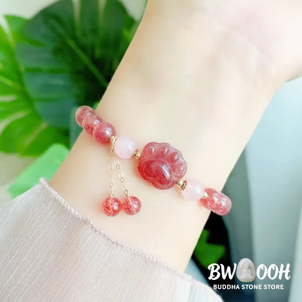 BWOOOH Natural Strawberry Quartz Pink Crystal Lucky Cat Paw Love Bracelet - Strawberry Quartz - Bracelet