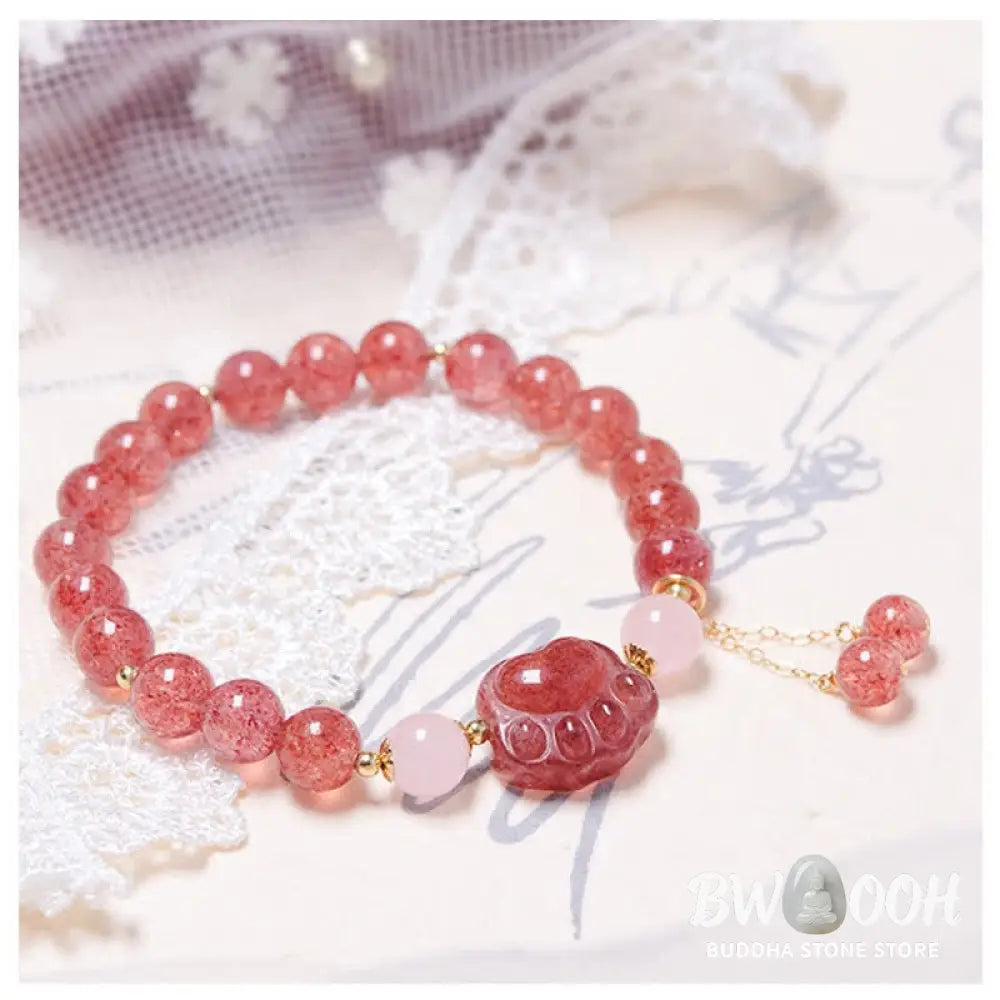 BWOOOH Natural Strawberry Quartz Pink Crystal Lucky Cat Paw Love Bracelet - Strawberry Quartz - Bracelet