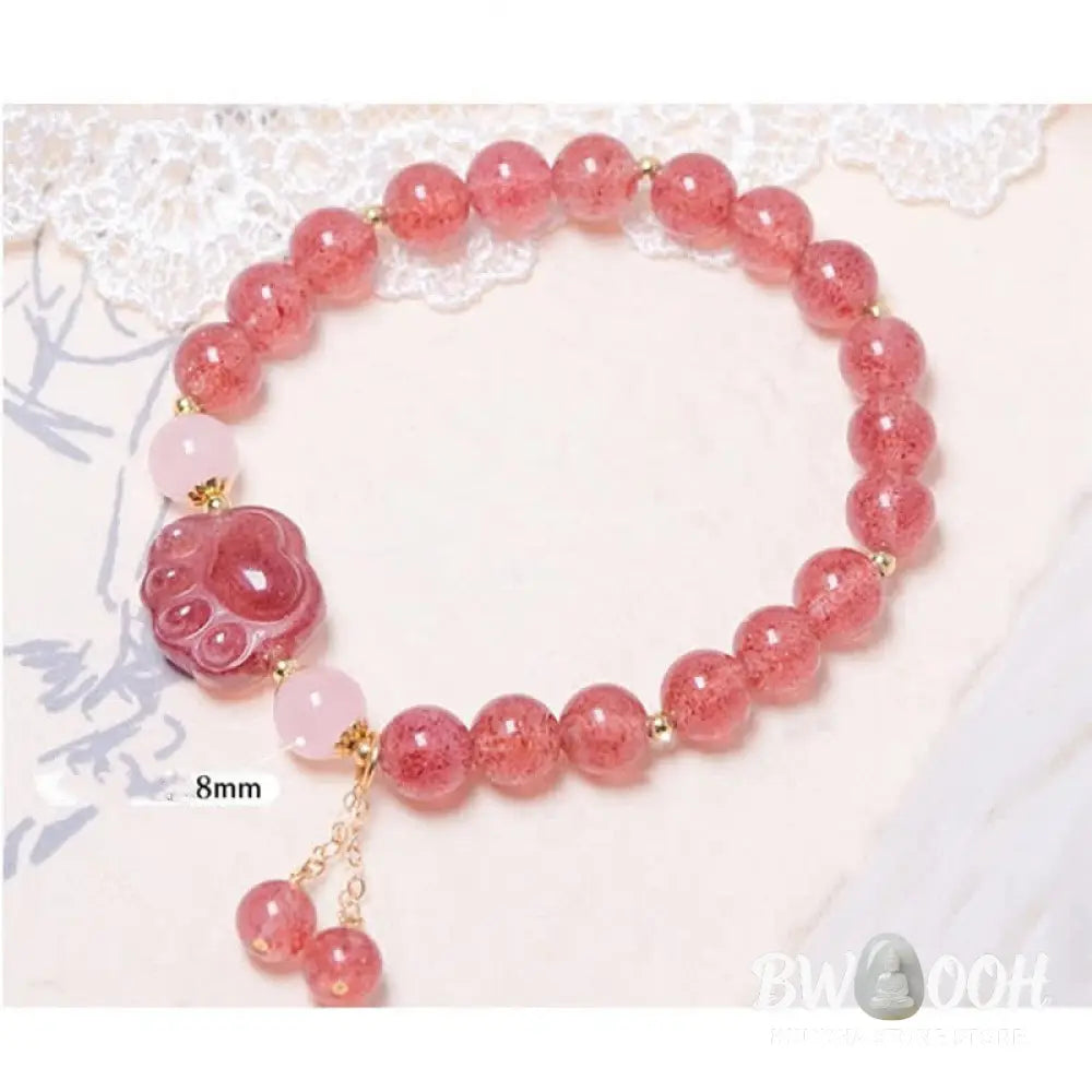 BWOOOH Natural Strawberry Quartz Pink Crystal Lucky Cat Paw Love Bracelet - Strawberry Quartz - Bracelet