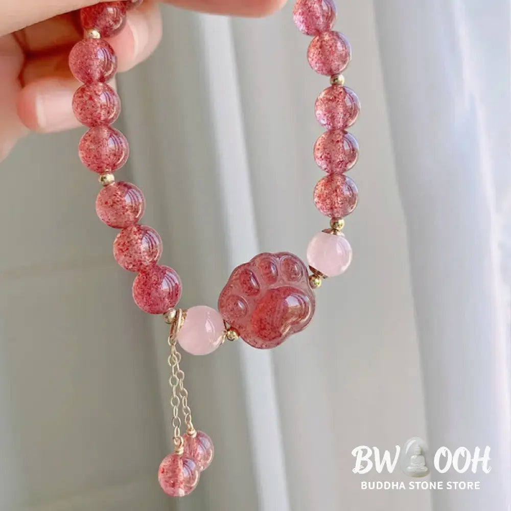 BWOOOH Natural Strawberry Quartz Pink Crystal Lucky Cat Paw Love Bracelet - Strawberry Quartz - Bracelet