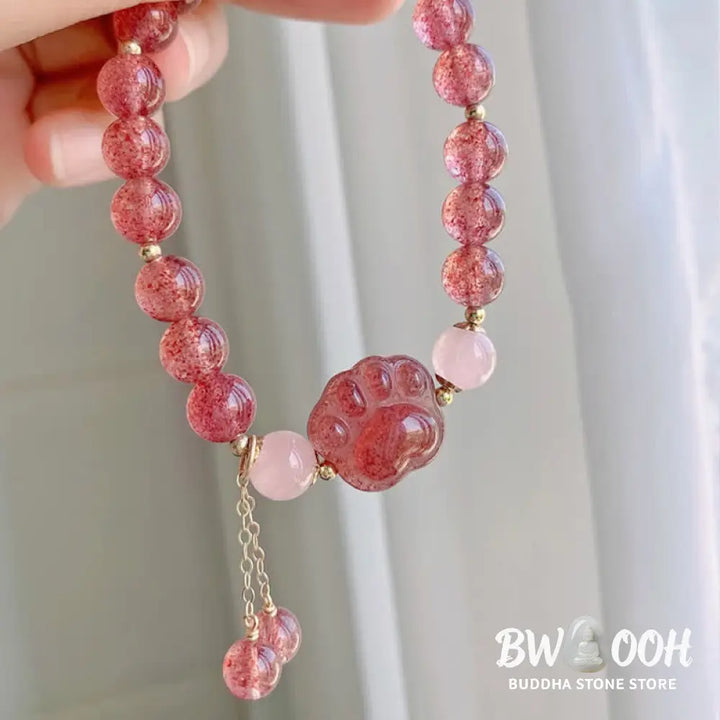 BWOOOH Natural Strawberry Quartz Pink Crystal Lucky Cat Paw Love Bracelet - Strawberry Quartz - Bracelet