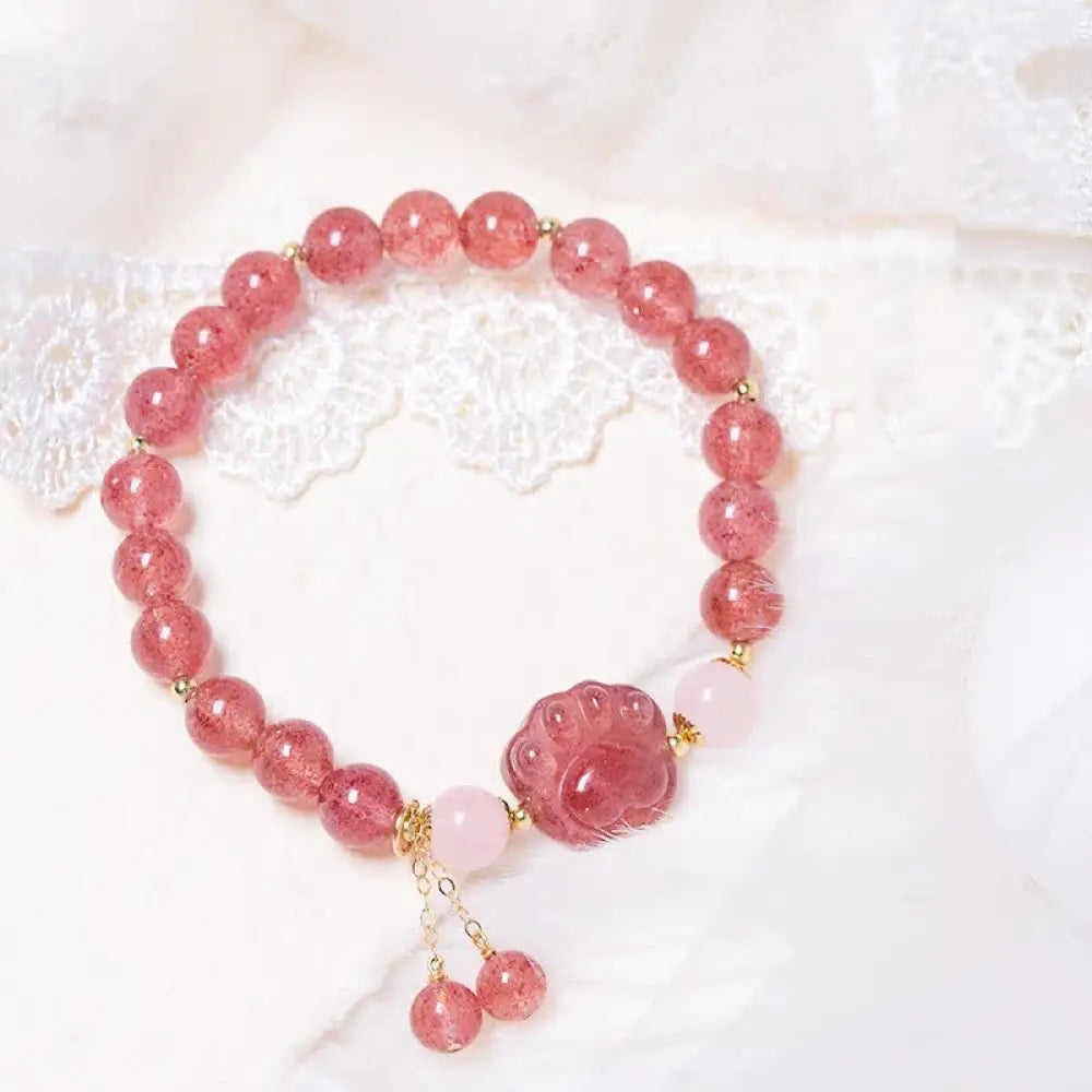 BWOOOH Natural Strawberry Quartz Pink Crystal Lucky Cat Paw Love Bracelet - Strawberry Quartz - Bracelet