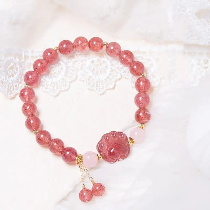 BWOOOH Natural Strawberry Quartz Pink Crystal Lucky Cat Paw Love Bracelet - Strawberry Quartz - Bracelet