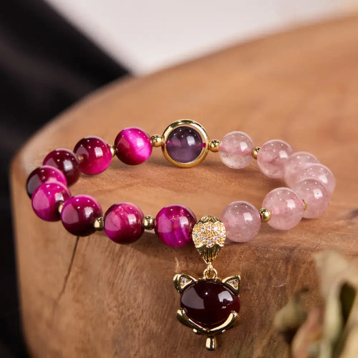 BWOOOH Natural Strawberry Quartz Pixiu Love Bracelet — Strawberry Quartz feng shui bracelet for spiritual healing and mind...