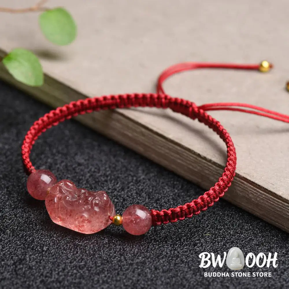 Buddha Stones Natural Strawberry Quartz PiXiu Lucky Red String Bracelet - BWOOOH - Strawberry Quartz(Wrist