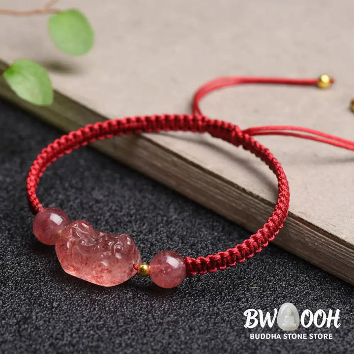 Buddha Stones Natural Strawberry Quartz PiXiu Lucky Red String Bracelet - BWOOOH - Strawberry Quartz(Wrist