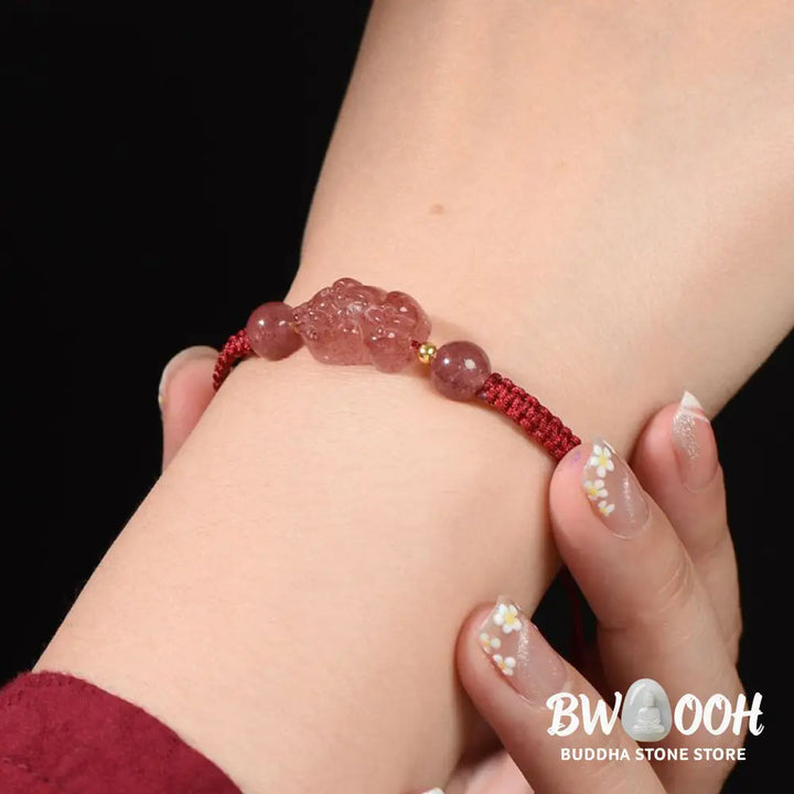 Buddha Stones Natural Strawberry Quartz PiXiu Lucky Red String Bracelet - BWOOOH - Strawberry Quartz(Wrist