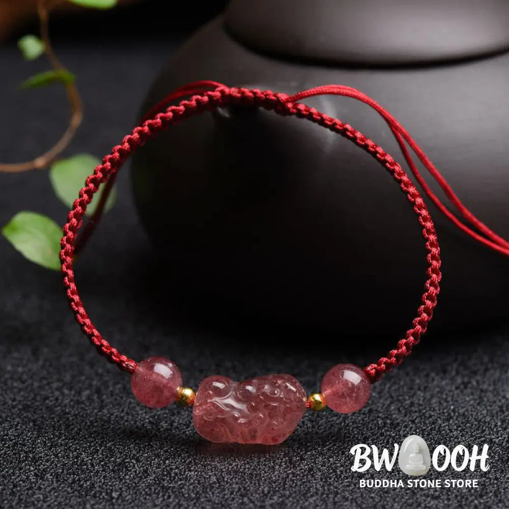 Buddha Stones Natural Strawberry Quartz PiXiu Lucky Red String Bracelet - BWOOOH - Strawberry Quartz(Wrist