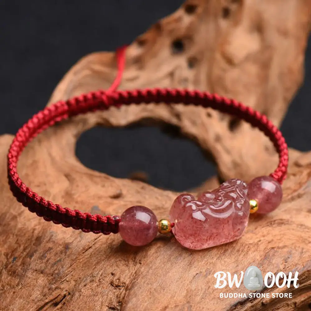 Buddha Stones Natural Strawberry Quartz PiXiu Lucky Red String Bracelet - BWOOOH - Strawberry Quartz(Wrist