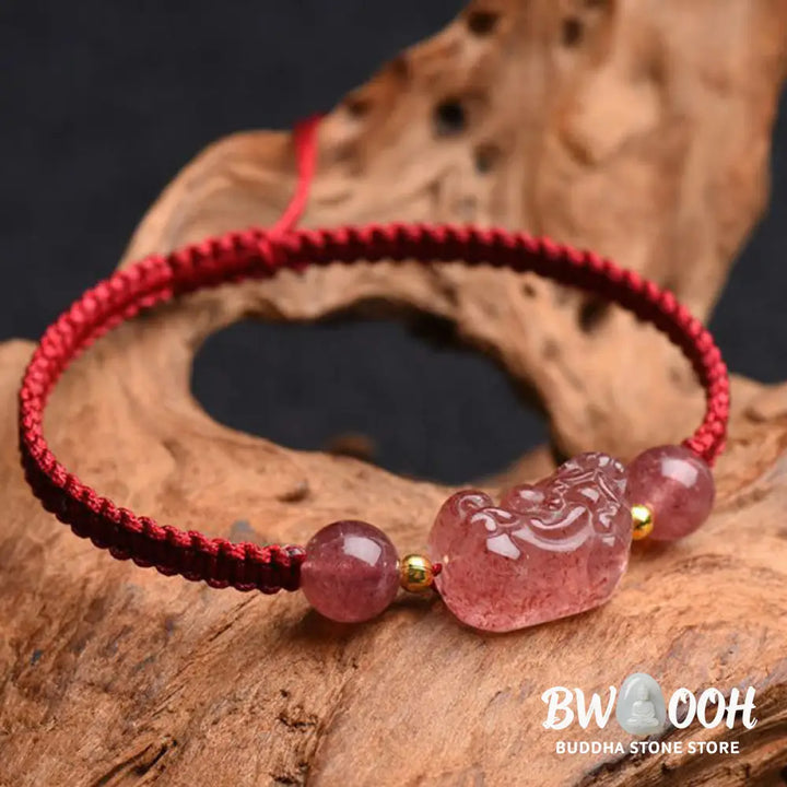 Buddha Stones Natural Strawberry Quartz PiXiu Lucky Red String Bracelet - BWOOOH - Strawberry Quartz(Wrist