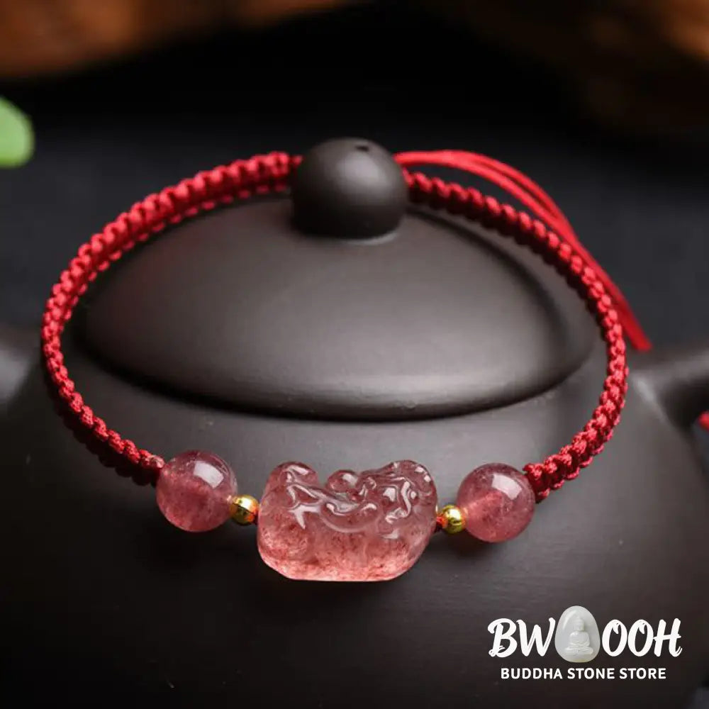 Buddha Stones Natural Strawberry Quartz PiXiu Lucky Red String Bracelet - BWOOOH - Strawberry Quartz(Wrist
