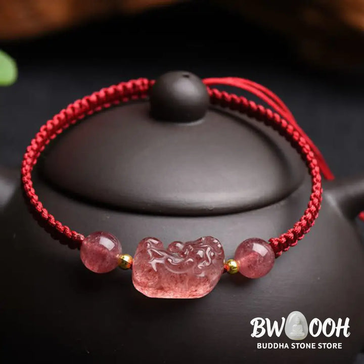 Buddha Stones Natural Strawberry Quartz PiXiu Lucky Red String Bracelet - BWOOOH - Strawberry Quartz(Wrist