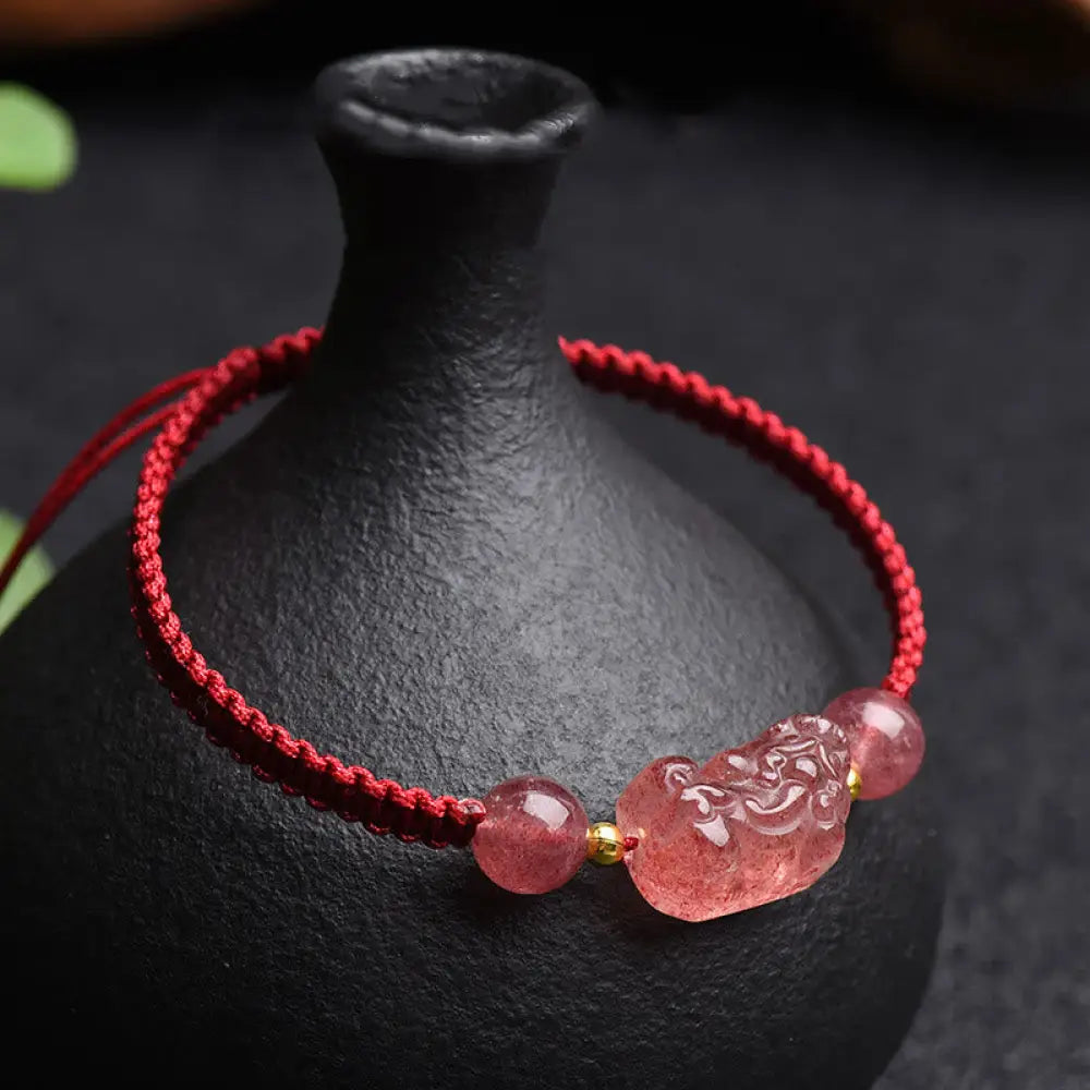 BWOOOH Natural Strawberry Quartz PiXiu Lucky Red String Bracelet - BWOOOH - Strawberry Quartz(Wrist