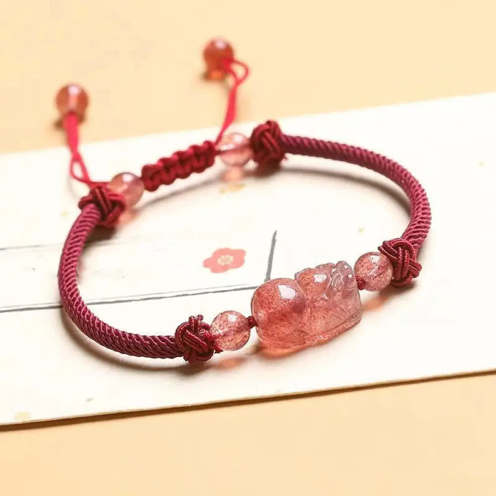 BWOOOH Natural Strawberry Quartz PiXiu Red String Braided Protection Bracelet - BWOOOH - Strawberry Quartz(Wrist