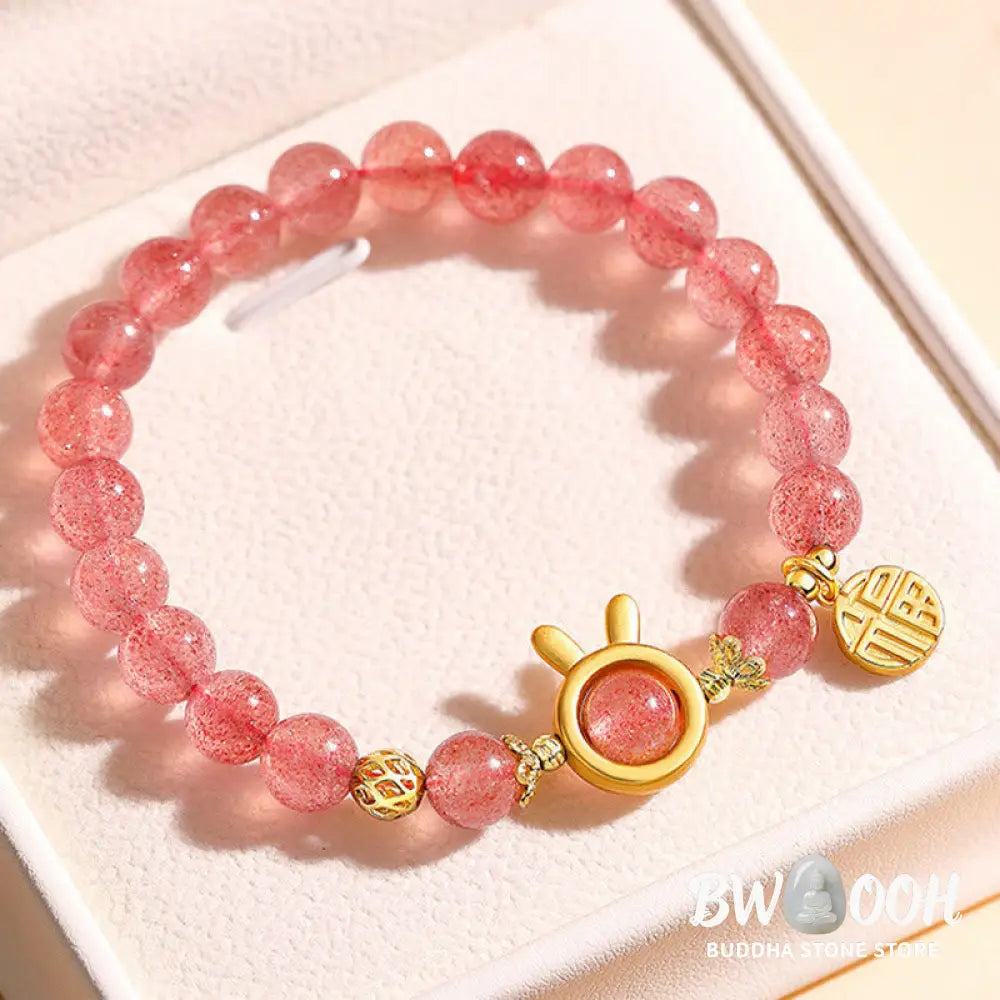 Buddha Stones Natural Strawberry Quartz Rabbit Fu Character Charm Love Bracelet - BWOOOH - Strawberry Quartz(Wrist