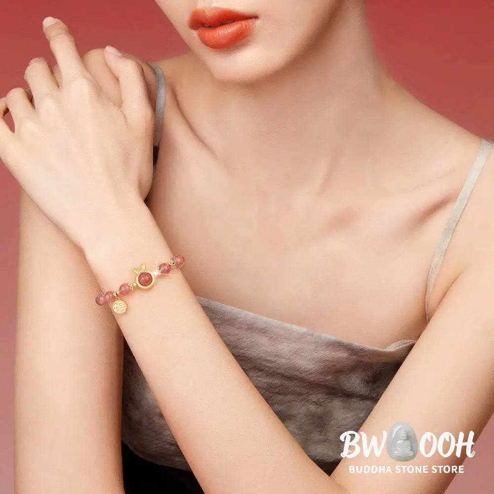 Buddha Stones Natural Strawberry Quartz Rabbit Fu Character Charm Love Bracelet - BWOOOH - Strawberry Quartz(Wrist