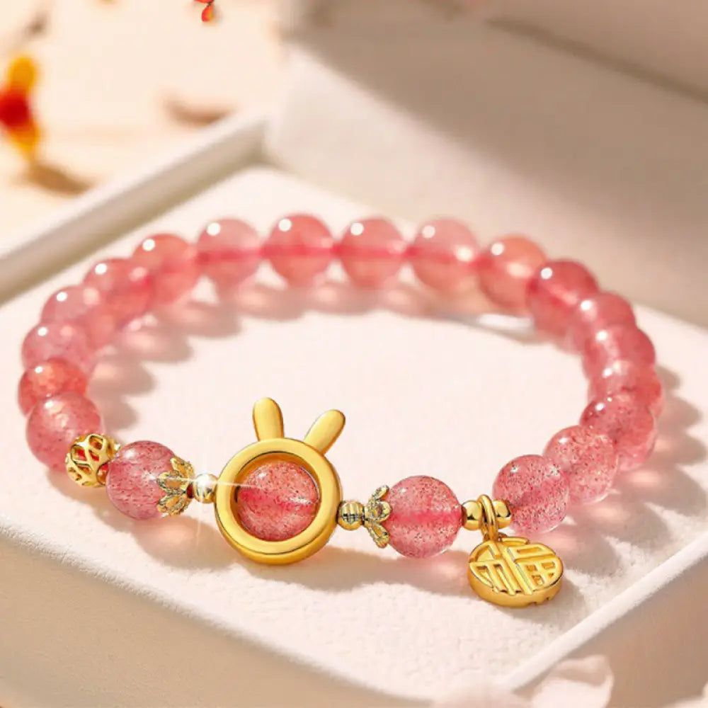 BWOOOH Natural Strawberry Quartz Rabbit Fu Character Charm Love Bracelet — Strawberry Quartz crystal healing bracelet for ...