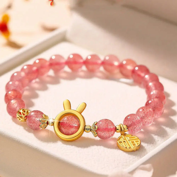 BWOOOH Natural Strawberry Quartz Rabbit Fu Character Charm Love Bracelet — Strawberry Quartz crystal healing bracelet for ...