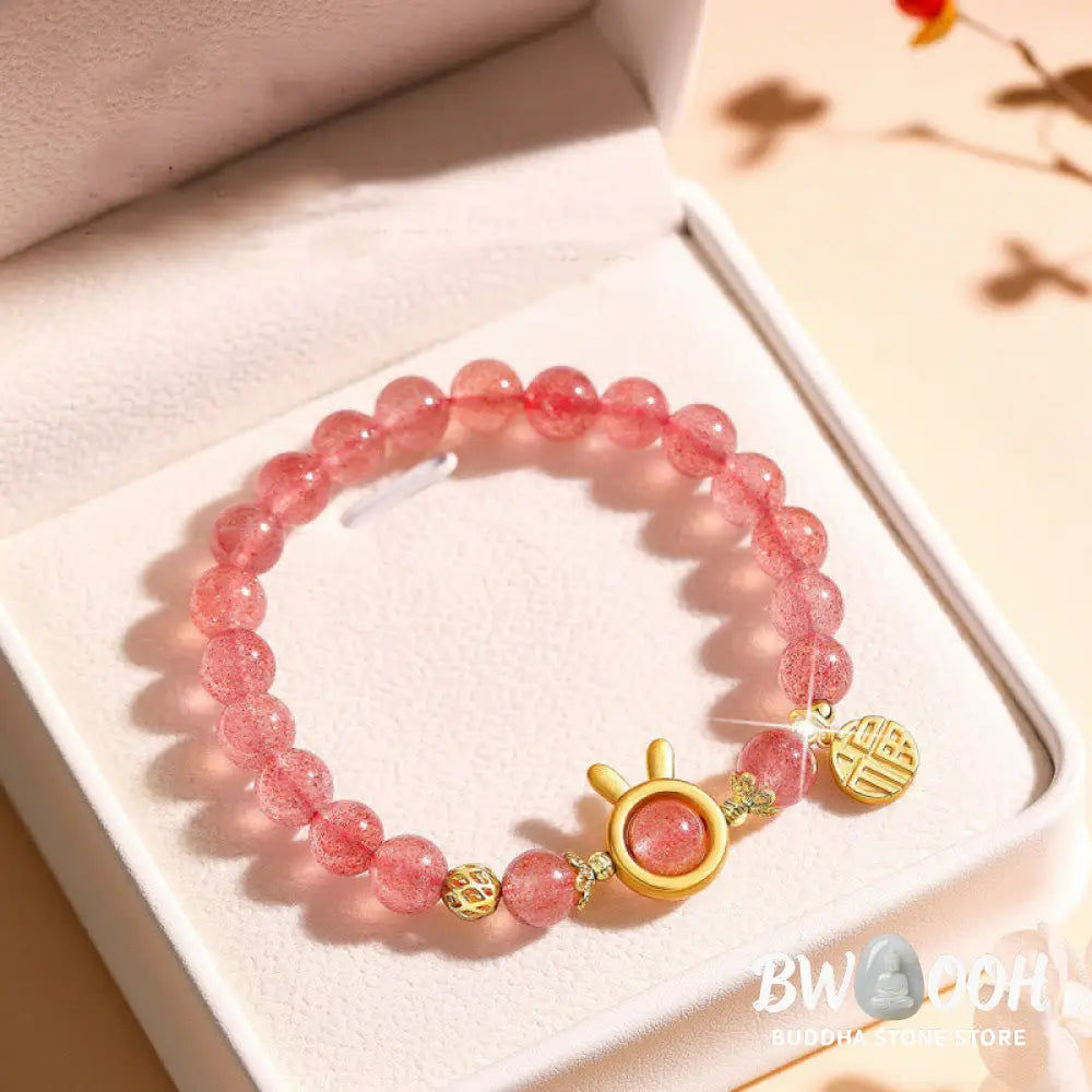 Buddha Stones Natural Strawberry Quartz Rabbit Fu Character Charm Love Bracelet - BWOOOH - Strawberry Quartz(Wrist