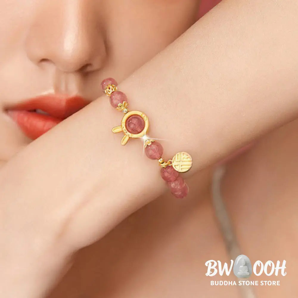 Buddha Stones Natural Strawberry Quartz Rabbit Fu Character Charm Love Bracelet - BWOOOH - Strawberry Quartz(Wrist
