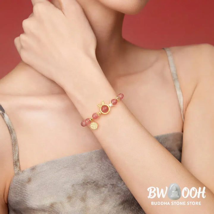 Buddha Stones Natural Strawberry Quartz Rabbit Fu Character Charm Love Bracelet - BWOOOH - Strawberry Quartz(Wrist