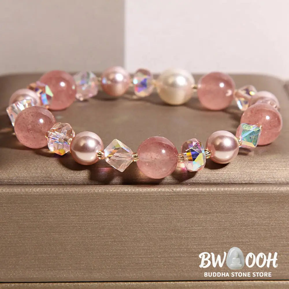 Buddha Stones Natural Strawberry Quartz White Crystal Pearl Positive Bracelet - Strawberry Quartz(Wrist